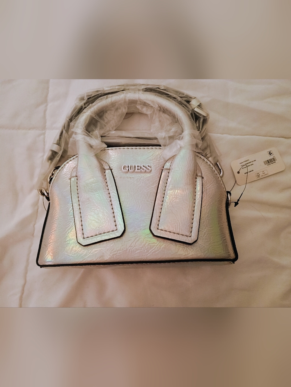 PRICE FIRM NWT Guess Iridescent Silver Picnic Mini Handbag